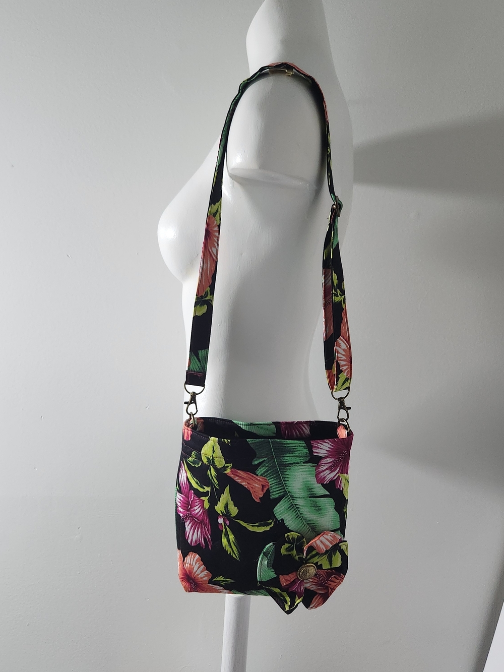 Floral Crossbody Shoulder Bag - Black with Pink & Green Floral Print.Handmade.